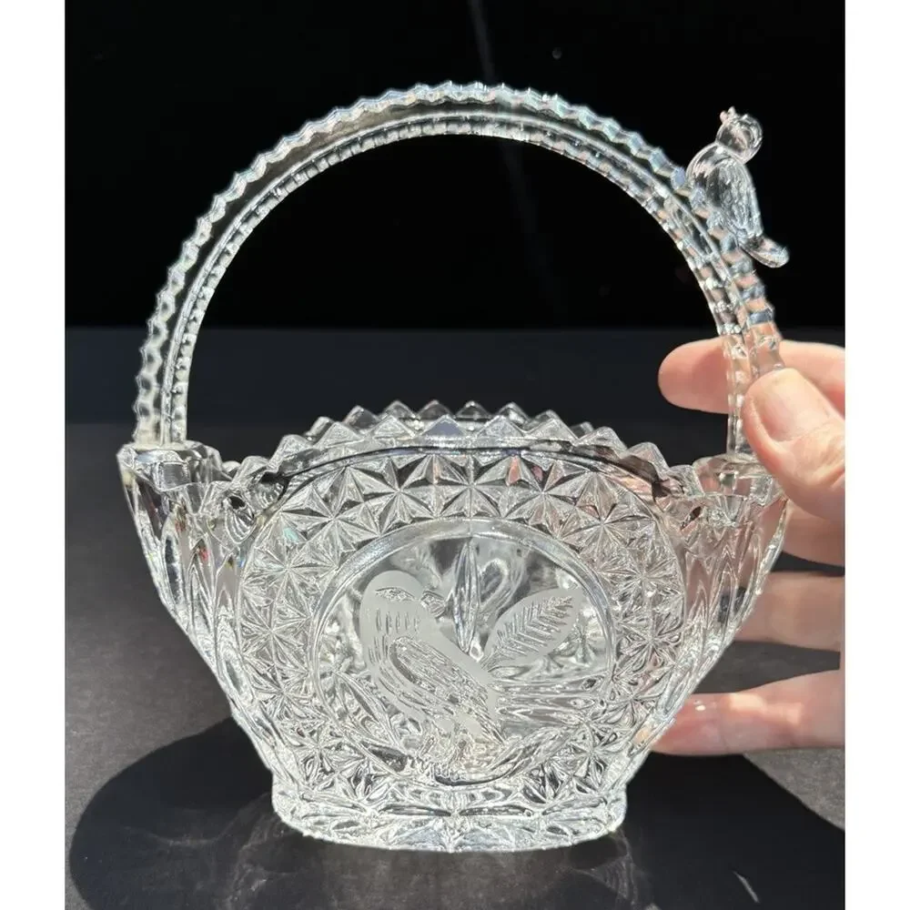 Hofbauer Byrdes Lead Crystal Basket Bird Handle Etched German Glass 6